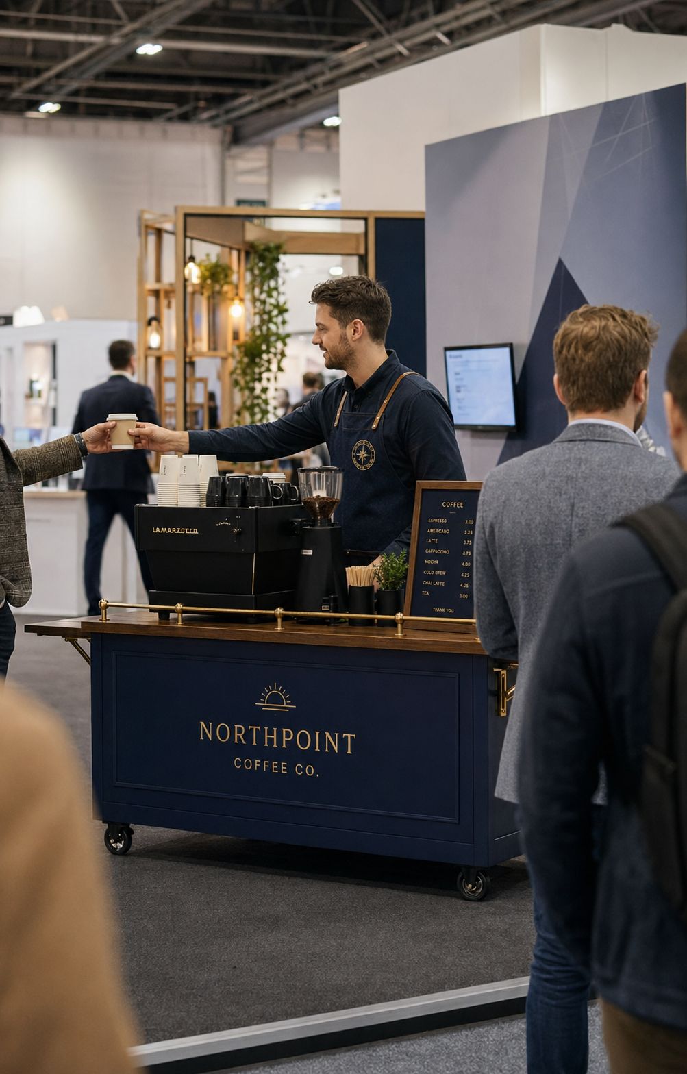 Northpoint barista handing a coffee to a visitor at an exhibition stand