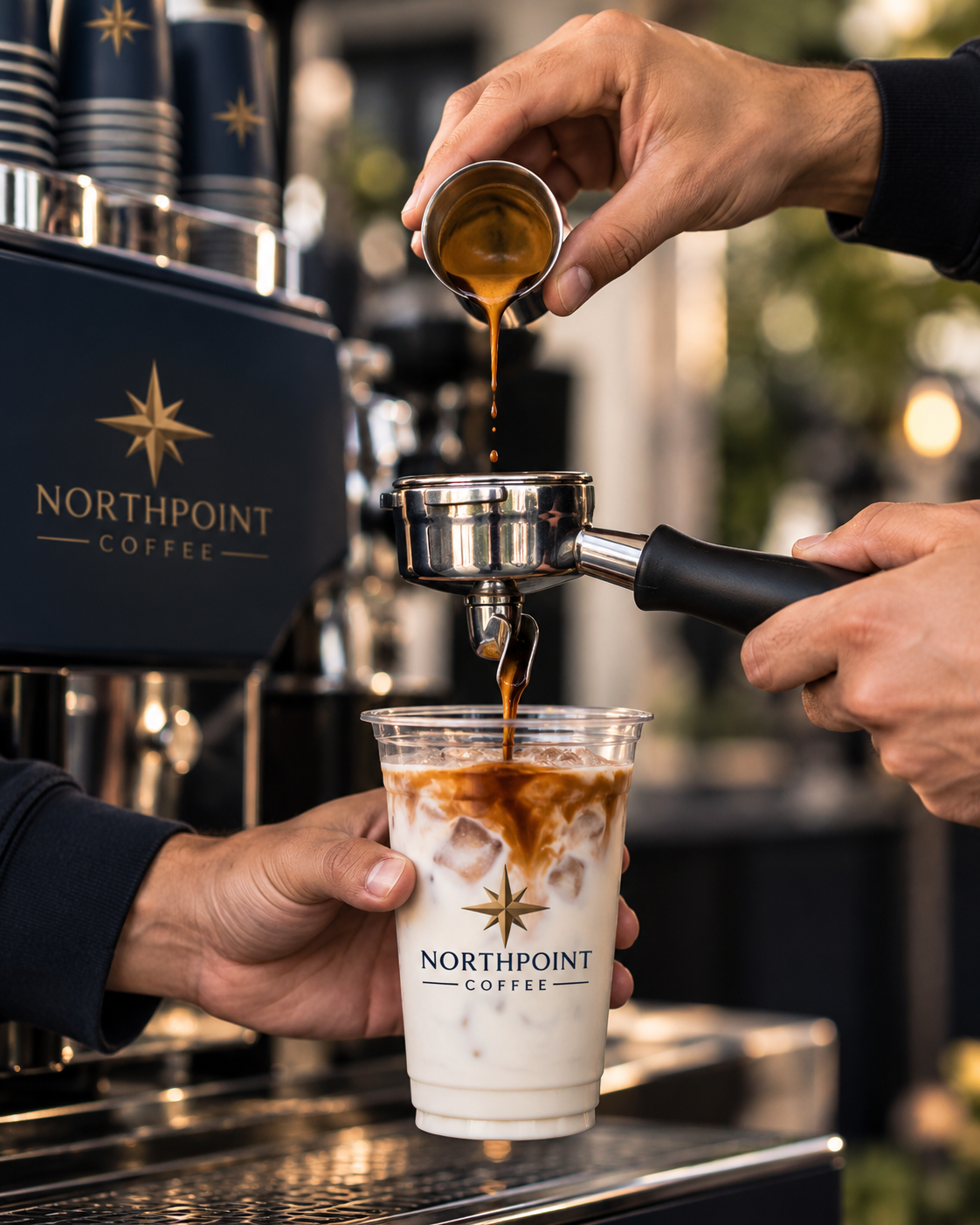 Espresso poured from a Northpoint Coffee machine into a branded iced coffee