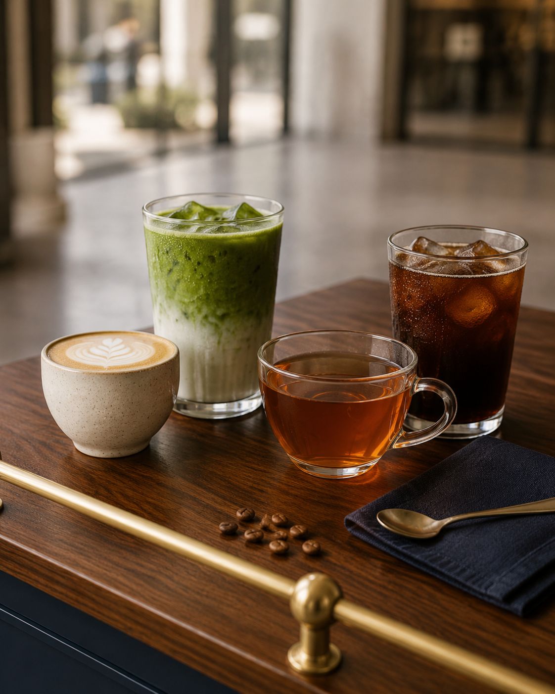 Northpoint drinks selection on a wooden counter, including iced matcha, latte, tea and iced coffee