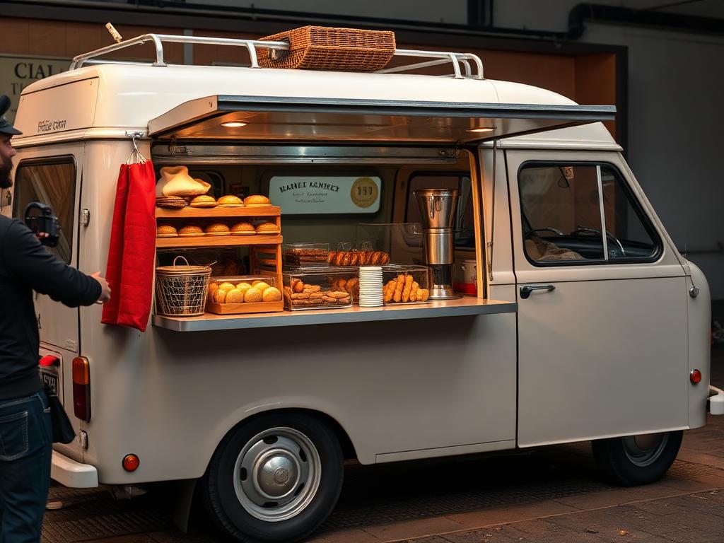 Open coffee cart under a large black parasol in a warehouse location space with a black-clothed catering table beside it