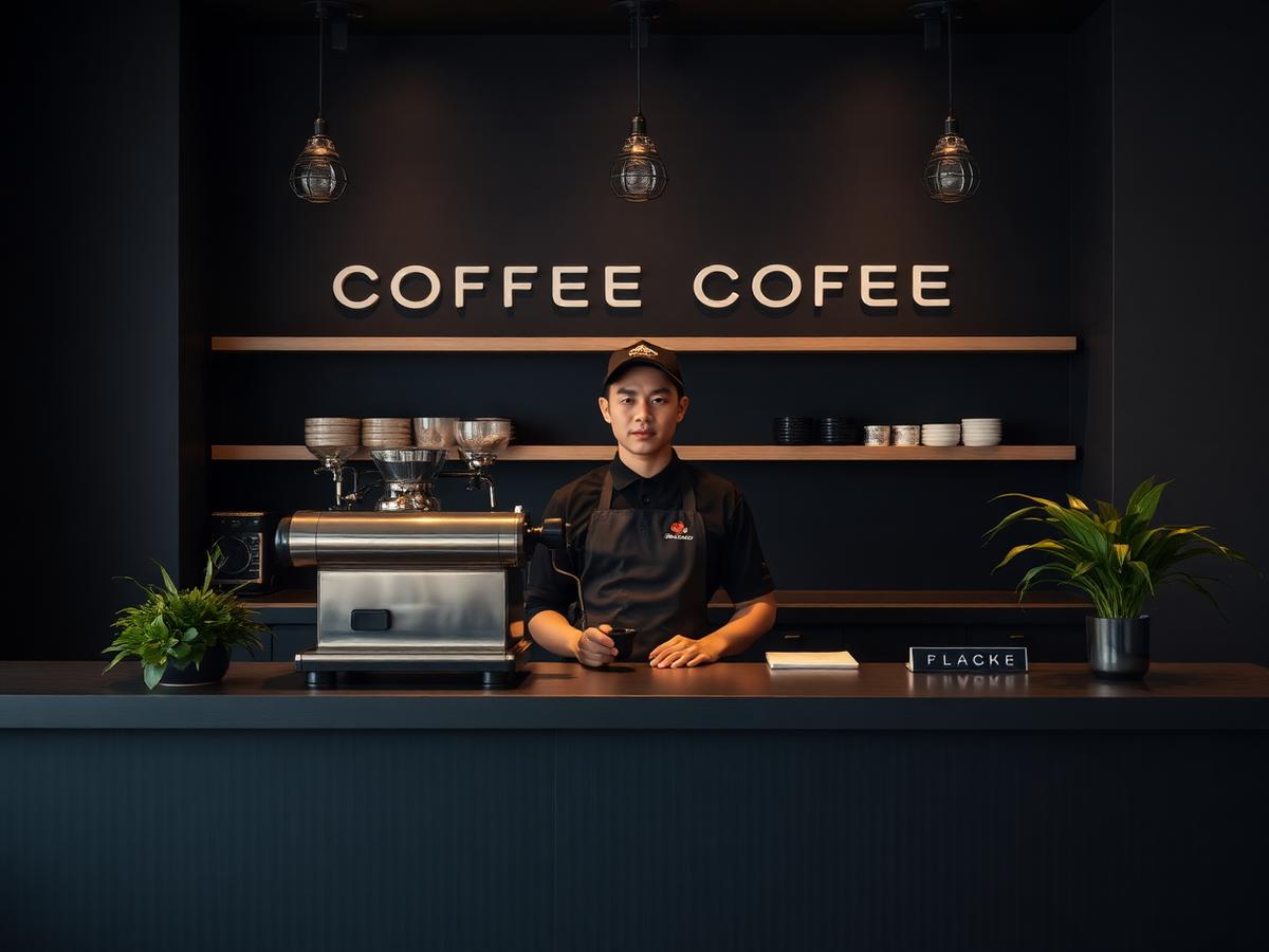 Barista standing behind our sleek dark branded mobile coffee cart with leafy plants beside it