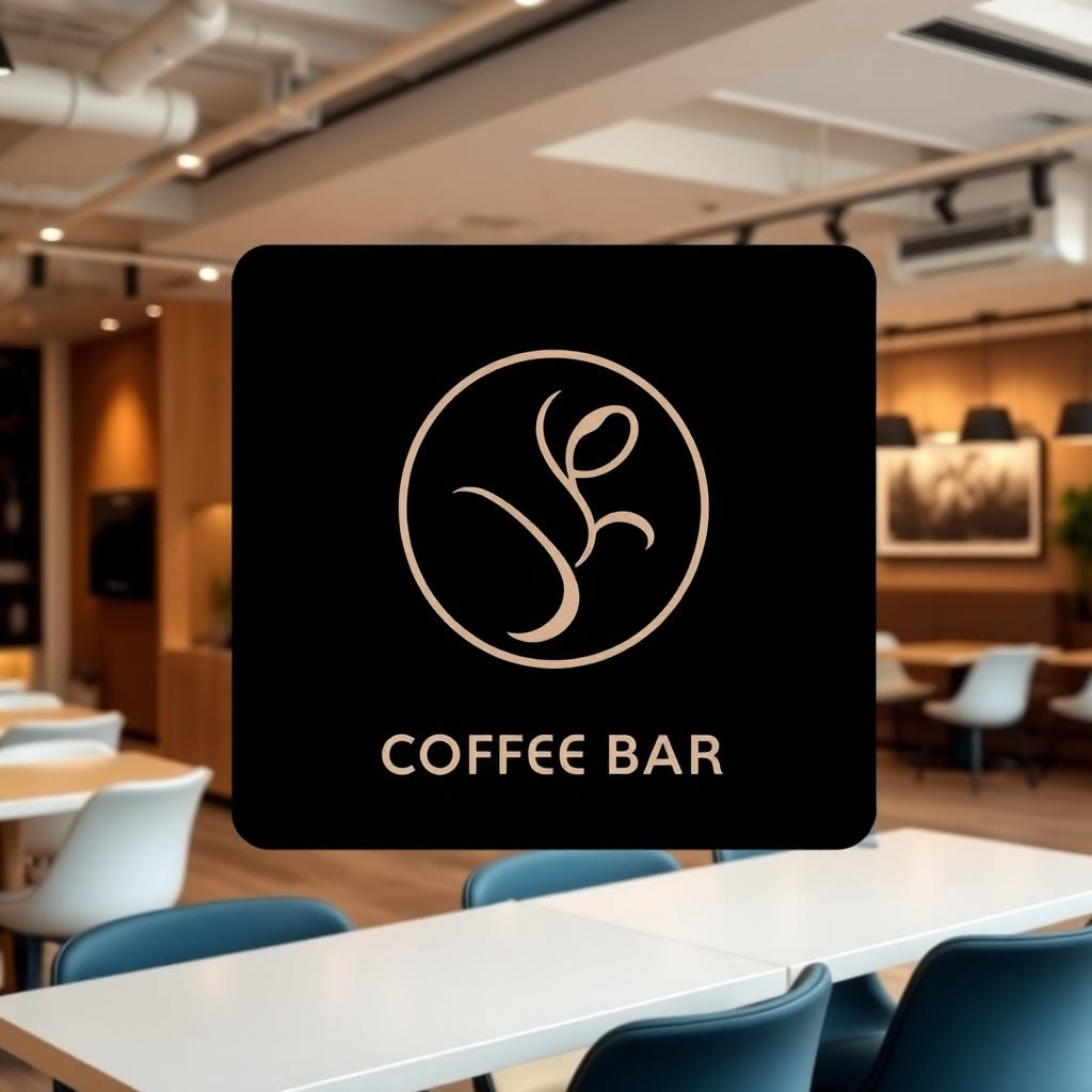 Dark branded mobile coffee cart with a company emblem inside a bright modern office café interior