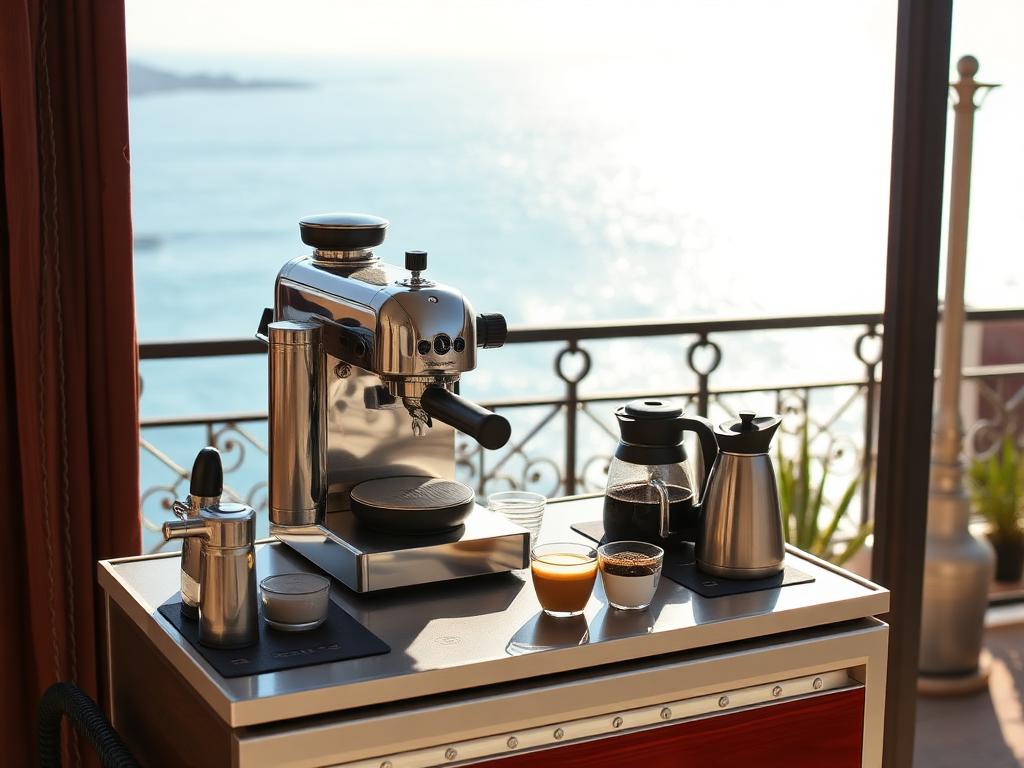 Mobile coffee setup with an espresso machine on a sunlit terrace