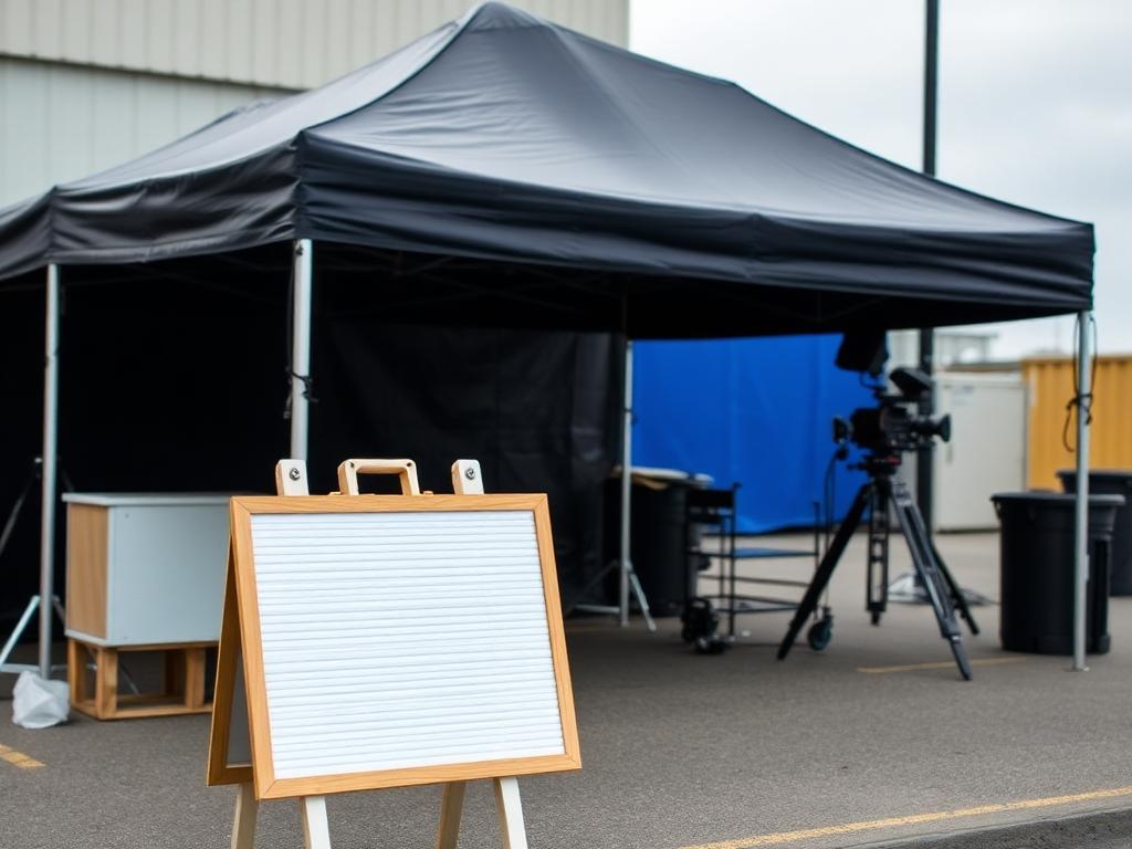 Film set exterior with a black crew tent and a blank notice board on an easel in the foreground