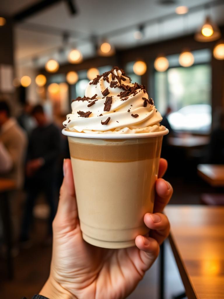 Coffee finished with cream and a dusting of cocoa