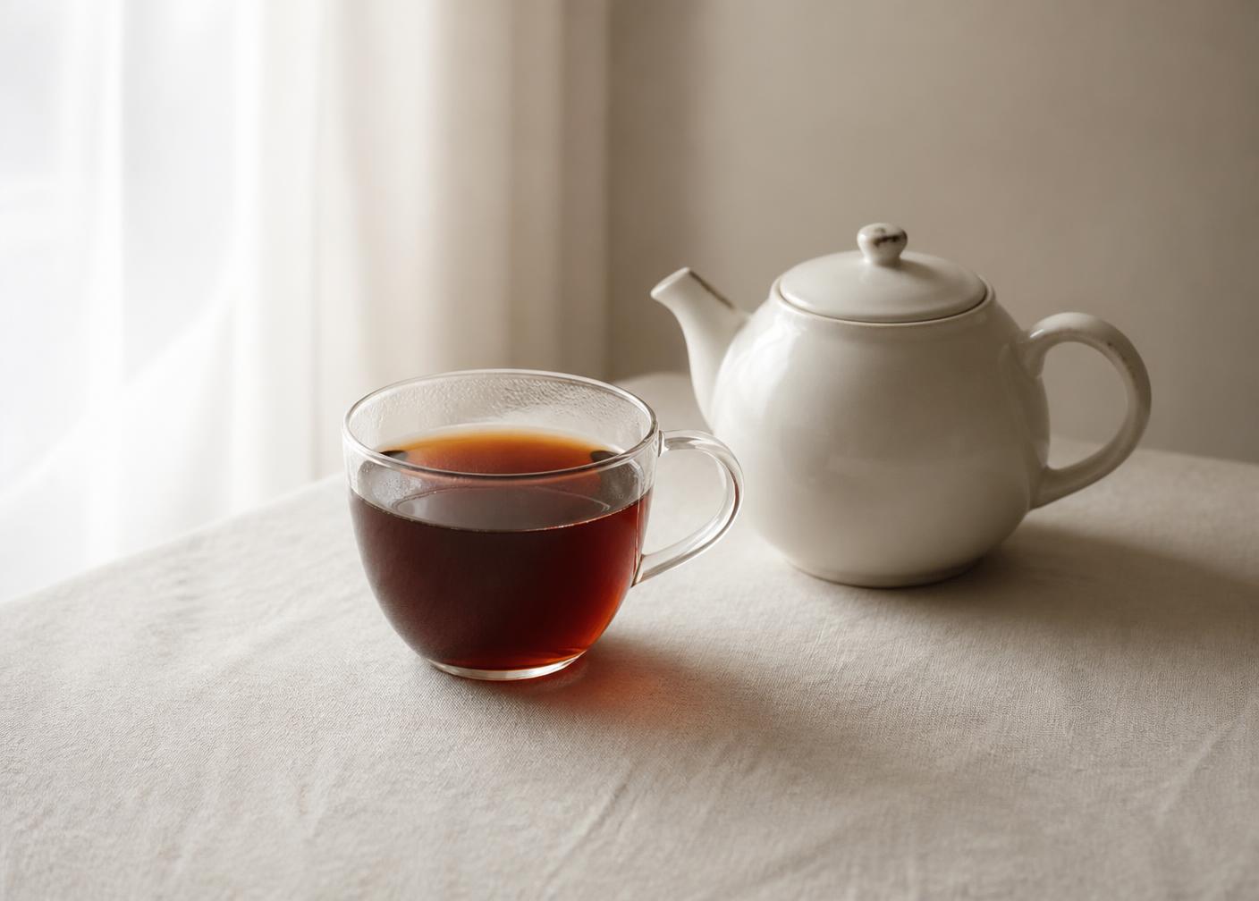 Glass cup of tea beside a plain white teapot on linen